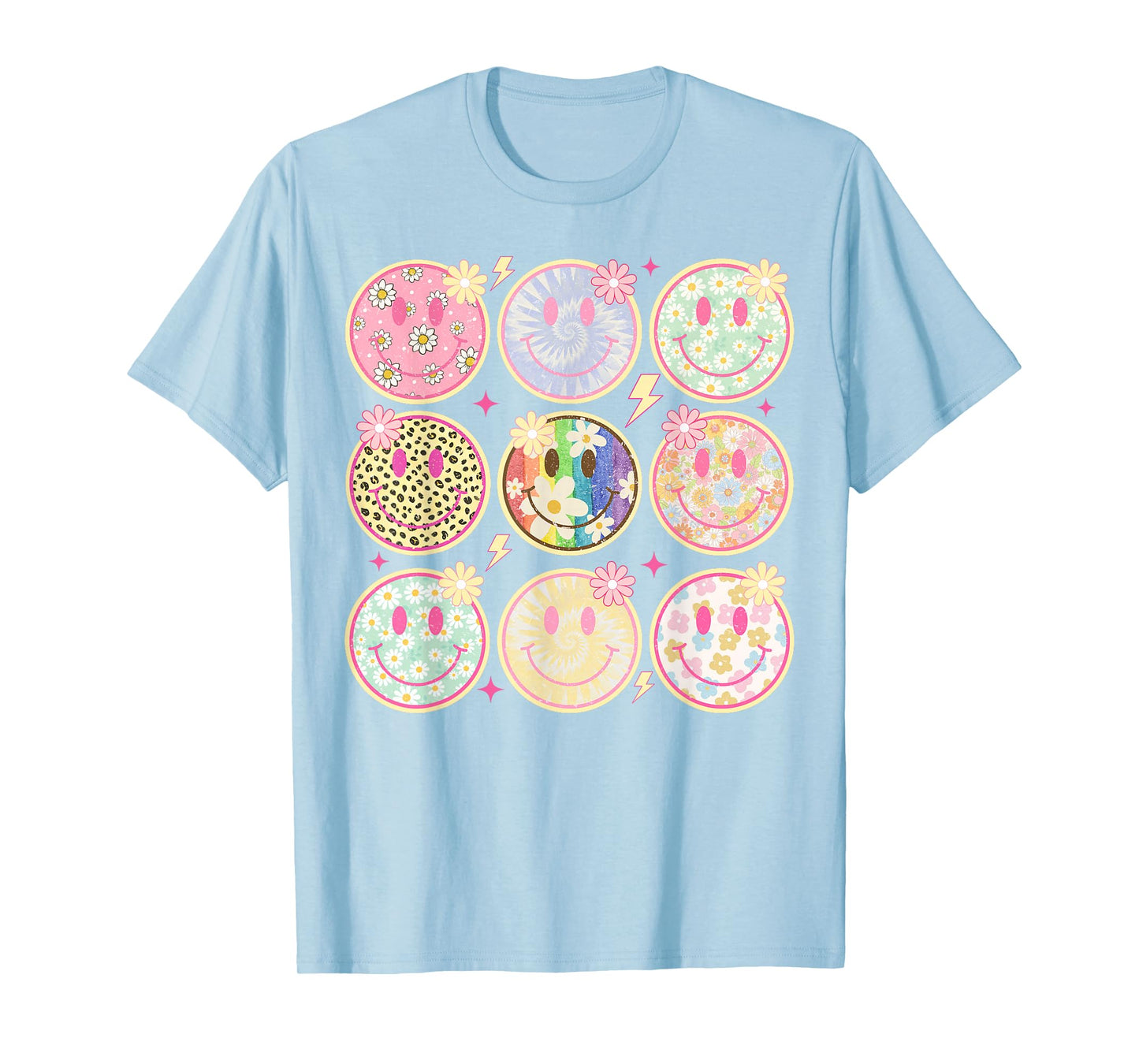 Retro Groovy Smile Face Flower Happy Face Checkered Pattern T-Shirt