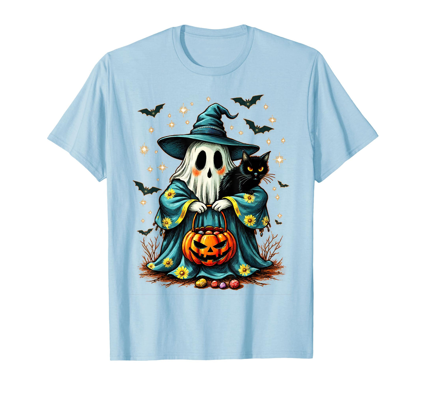 Halloween 2025 Ghost Holding Black Cat Groovy Floral Vintage T-Shirt
