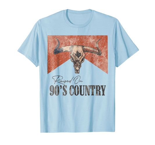 Vintage Western Bull Skull Raised On 90's Country Music T-Shirt