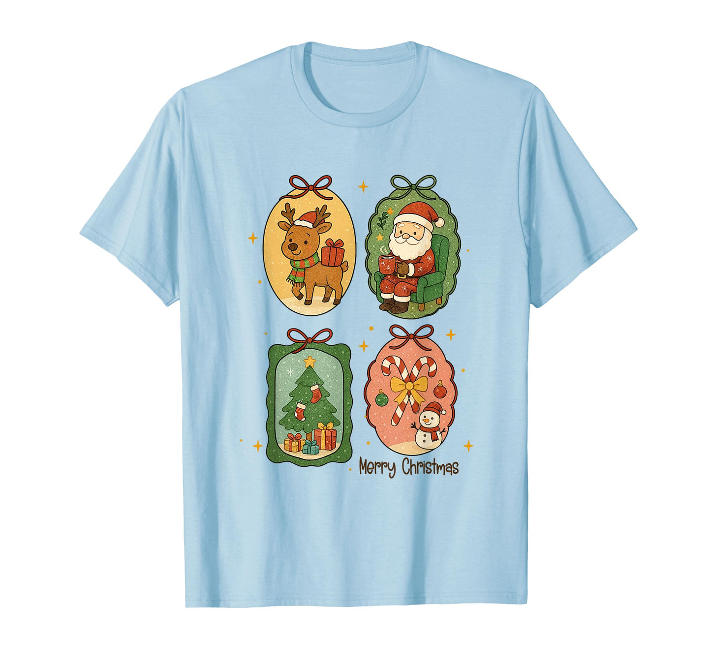 Retro Merry Christmas Frame Santa Reindeer Xmas Tree Candy T-Shirt