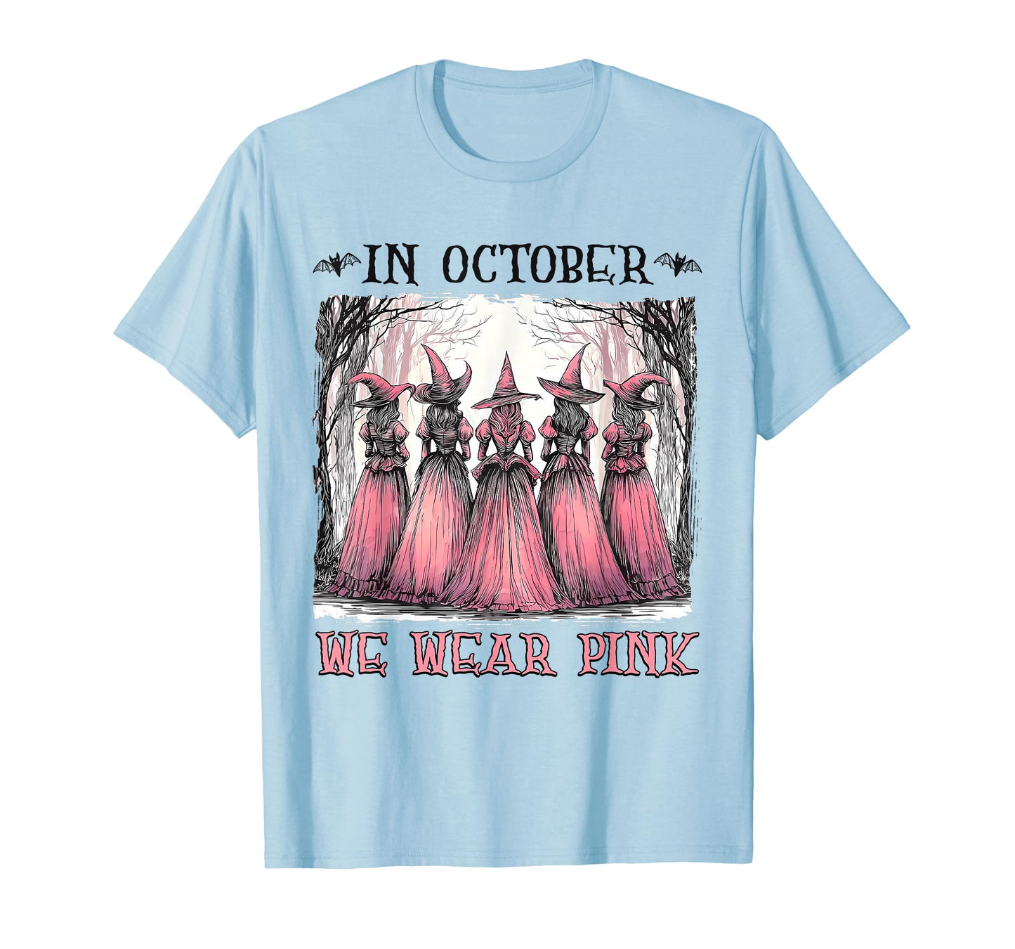 in October We Wear Pink Witch Halloween Breast Cancer T-Shirt