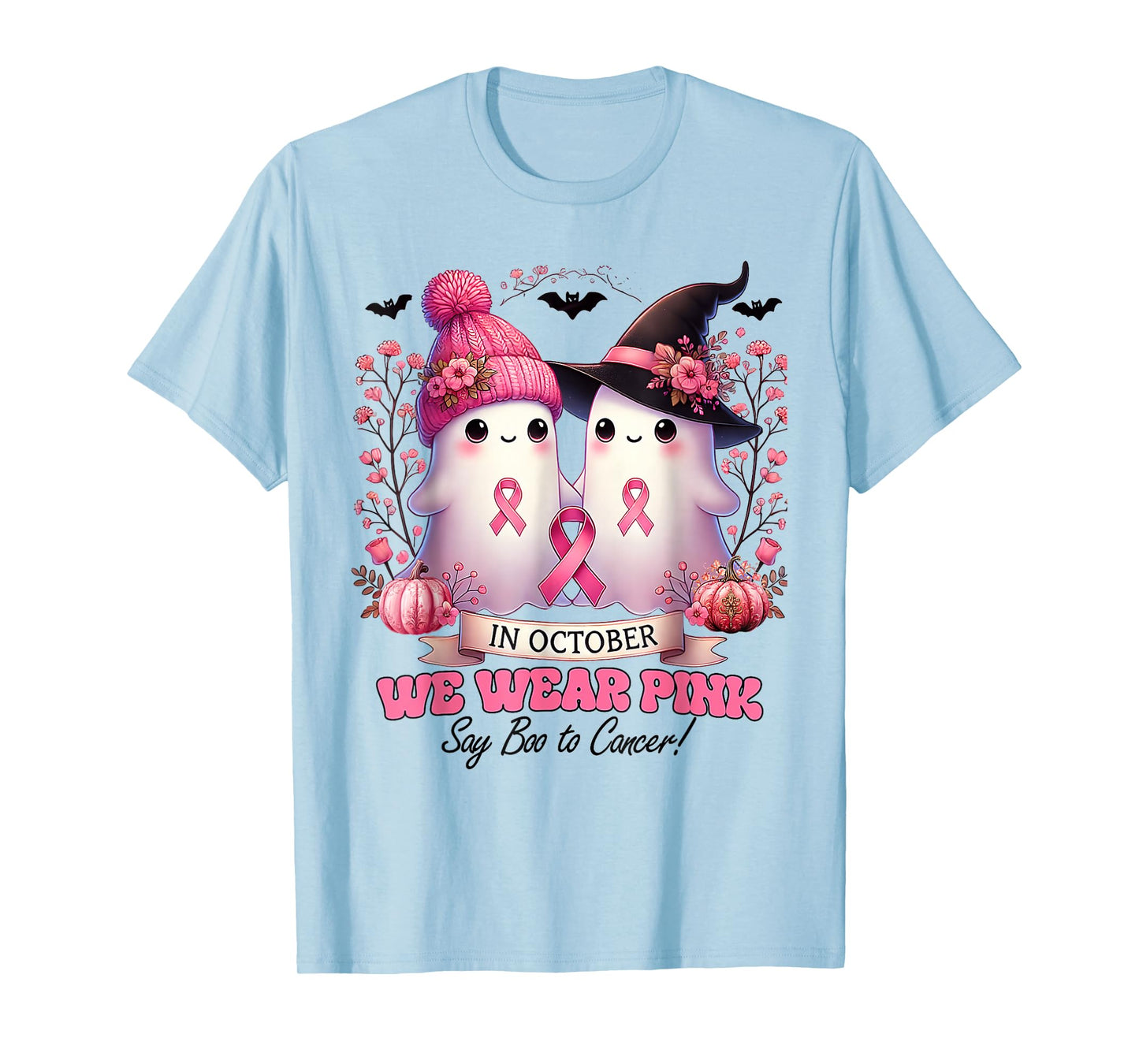 in October We Wear Pink Witch Ghost Pumpkin Breast Cancer T-Shirt