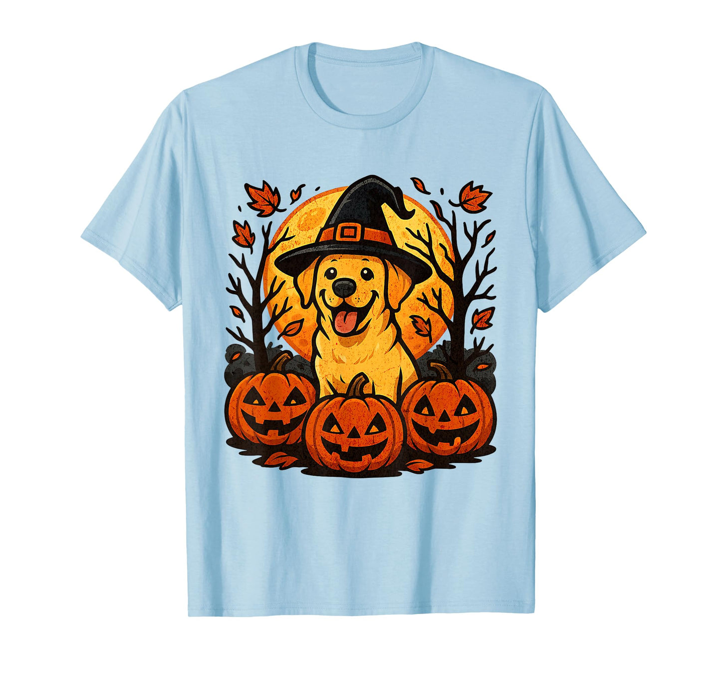 Halloween Labrador Retriever Witch Pumpkins Autumn Leaves T-Shirt
