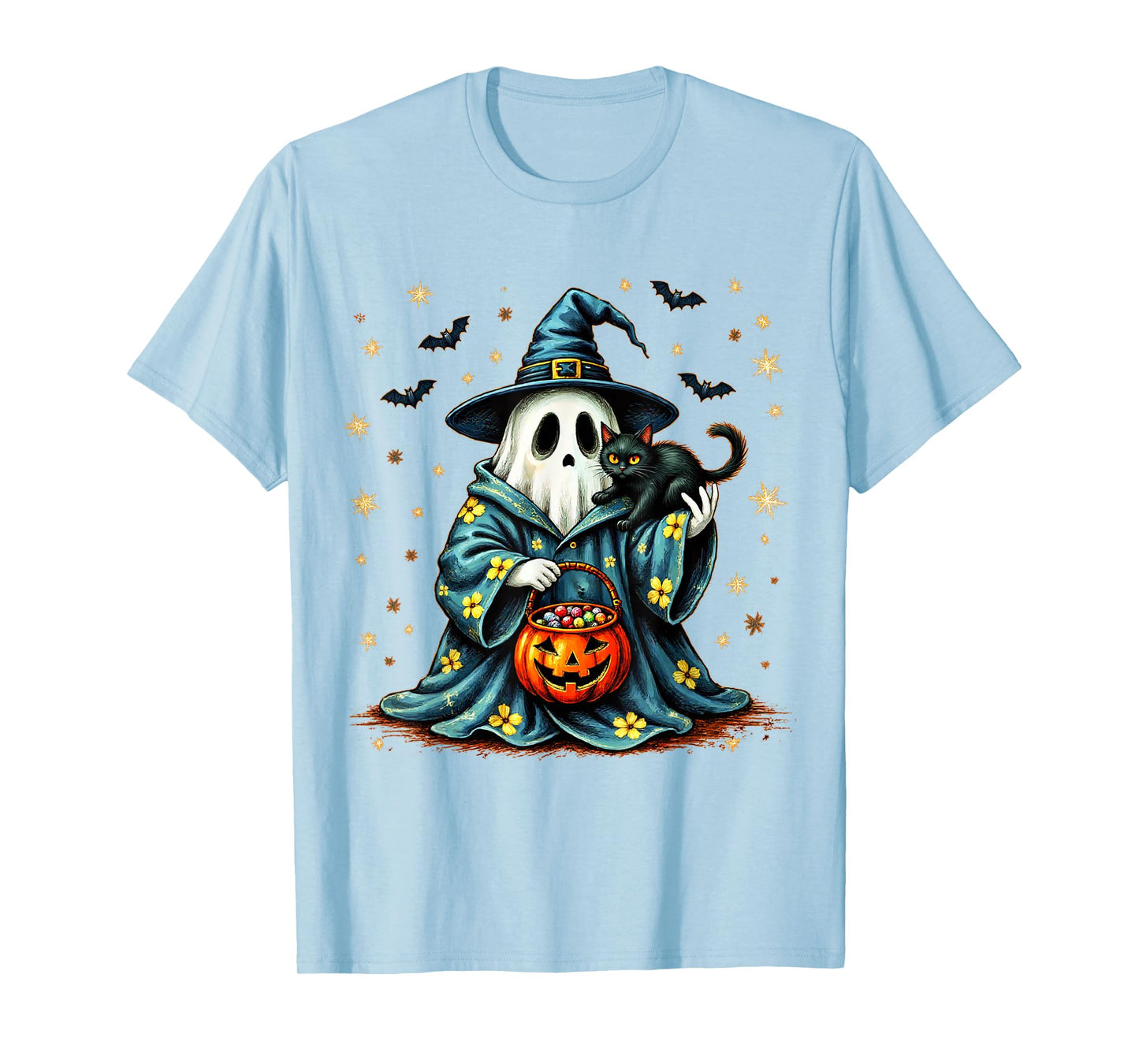 Halloween 2025 Ghost Holding Black Cat Groovy Floral Vintage T-Shirt