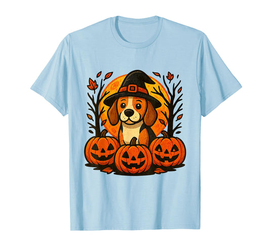 Halloween Cute Beagle Witch Hat Pumpkins Autumn Leaves T-Shirt