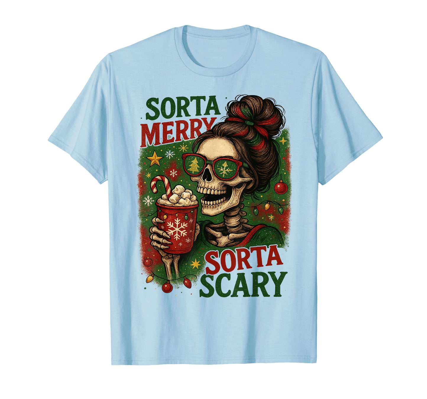 Women Sorta Merry Sorta Scary Skeleton Hot Cocoa Christmas T-Shirt