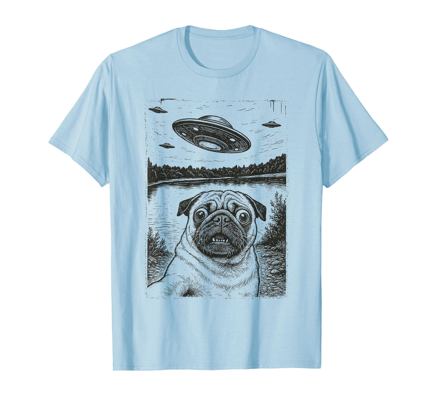 Vintage Pug UFO Encounters - Funny UFO and Pug Selfie T-Shirt
