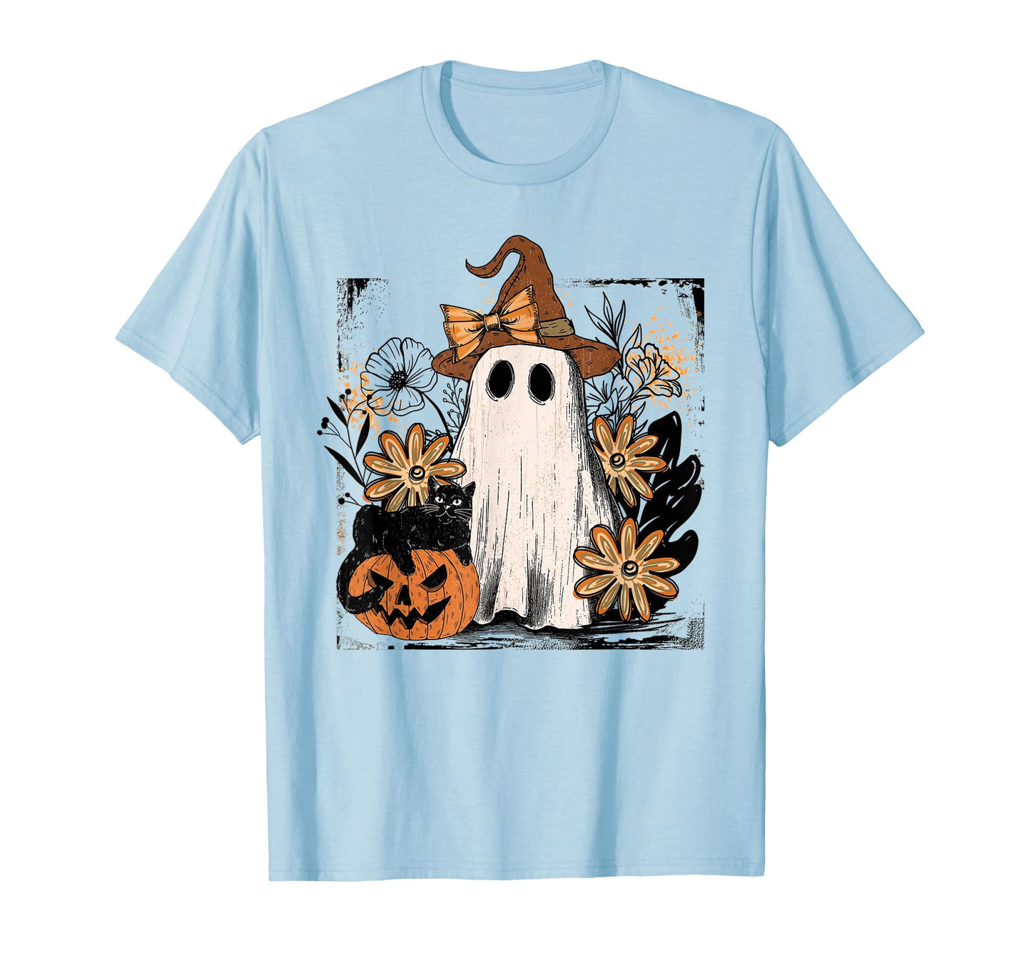 Retro Halloween Floral Ghost Witch Pumpkin & Black Cat T-Shirt