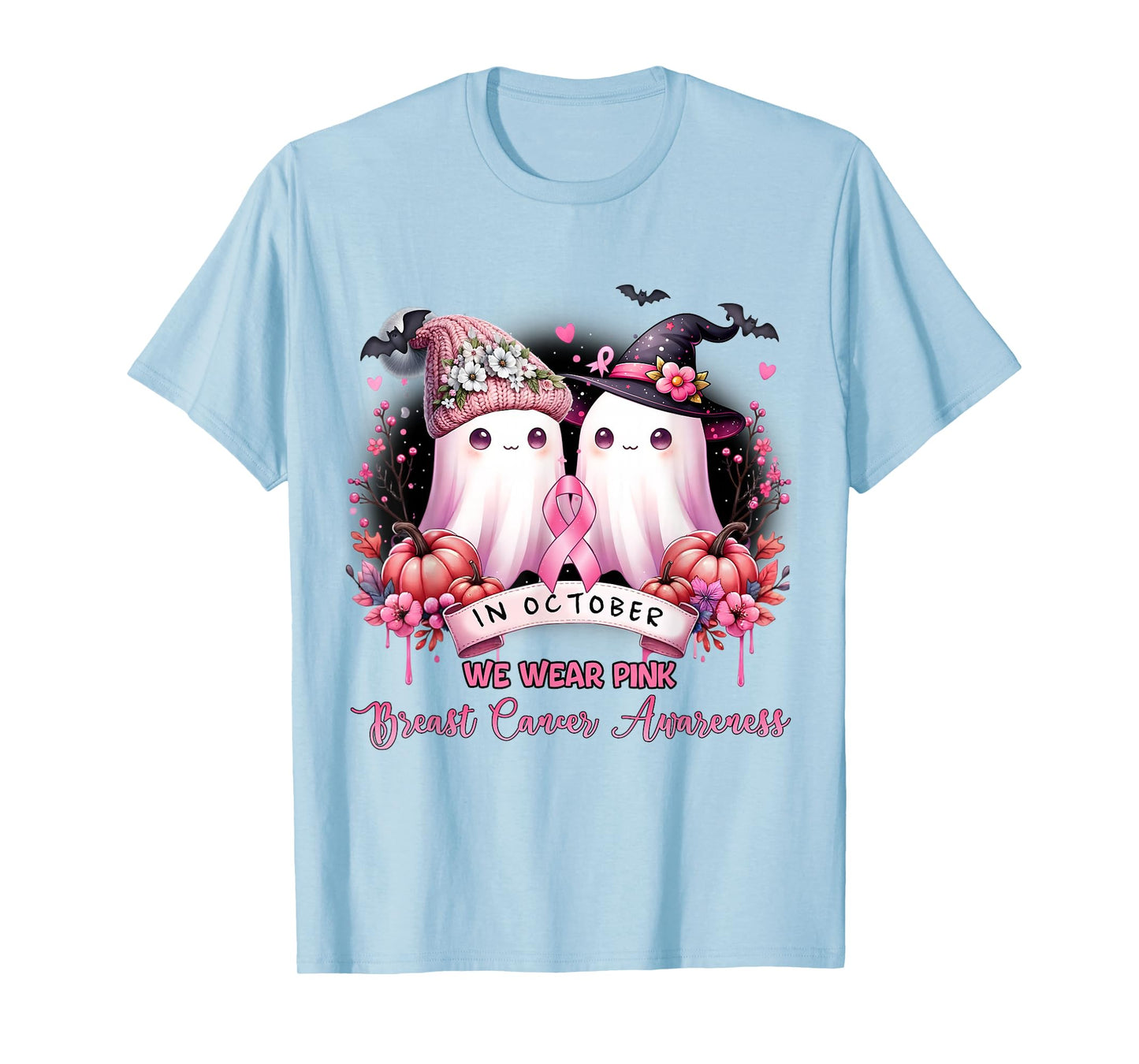 in October We Wear Pink Ghost Witch Halloween Breast Cancer T-Shirt