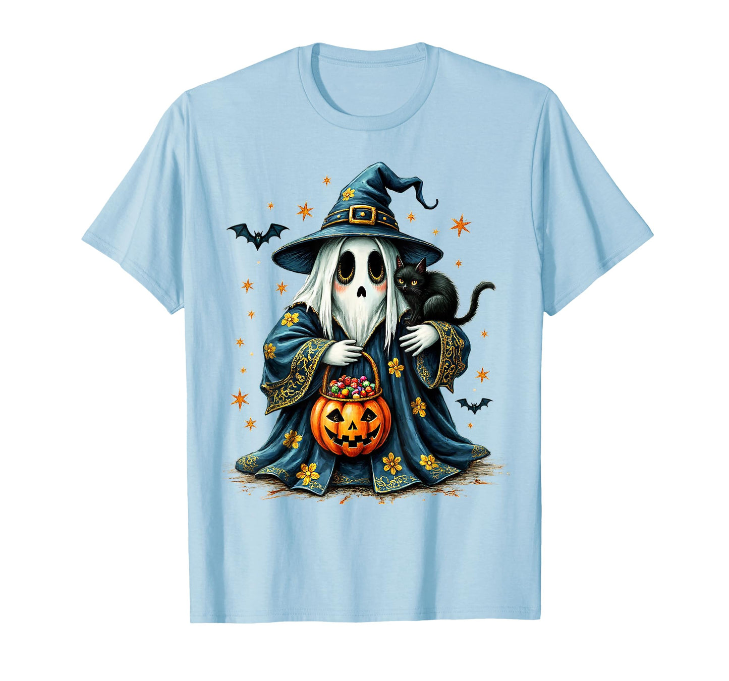 Ghost Holding Black Cat Lover Halloween 2025 Groovy Floral T-Shirt