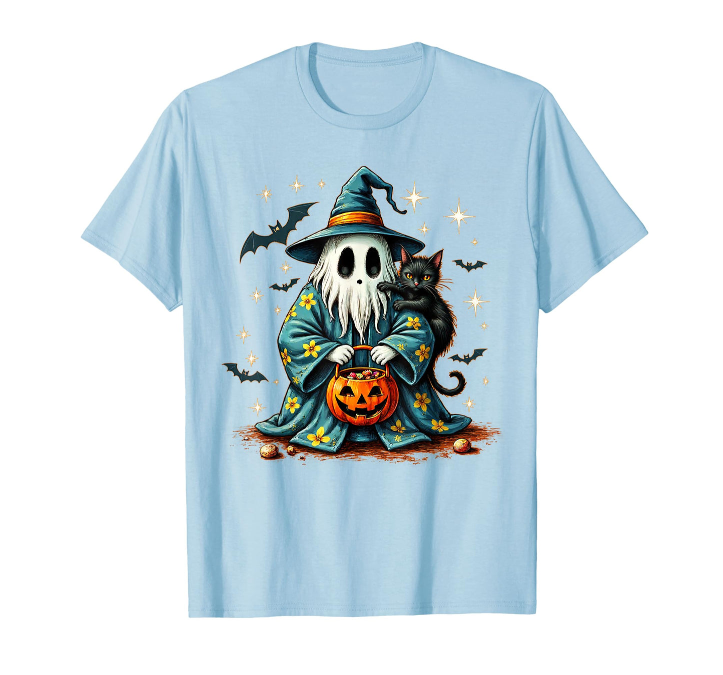 Halloween 2025 Ghost Holding Black Cat Groovy Floral Vintage T-Shirt