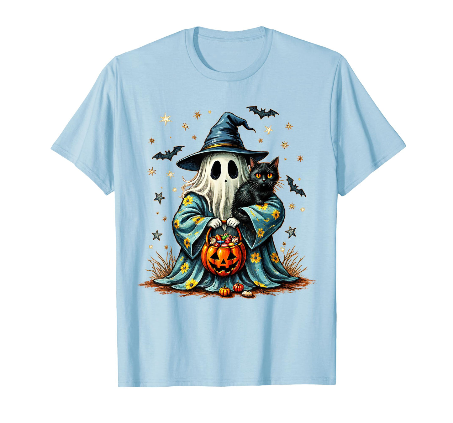 Halloween 2025 Ghost Holding Black Cat Groovy Floral Vintage T-Shirt