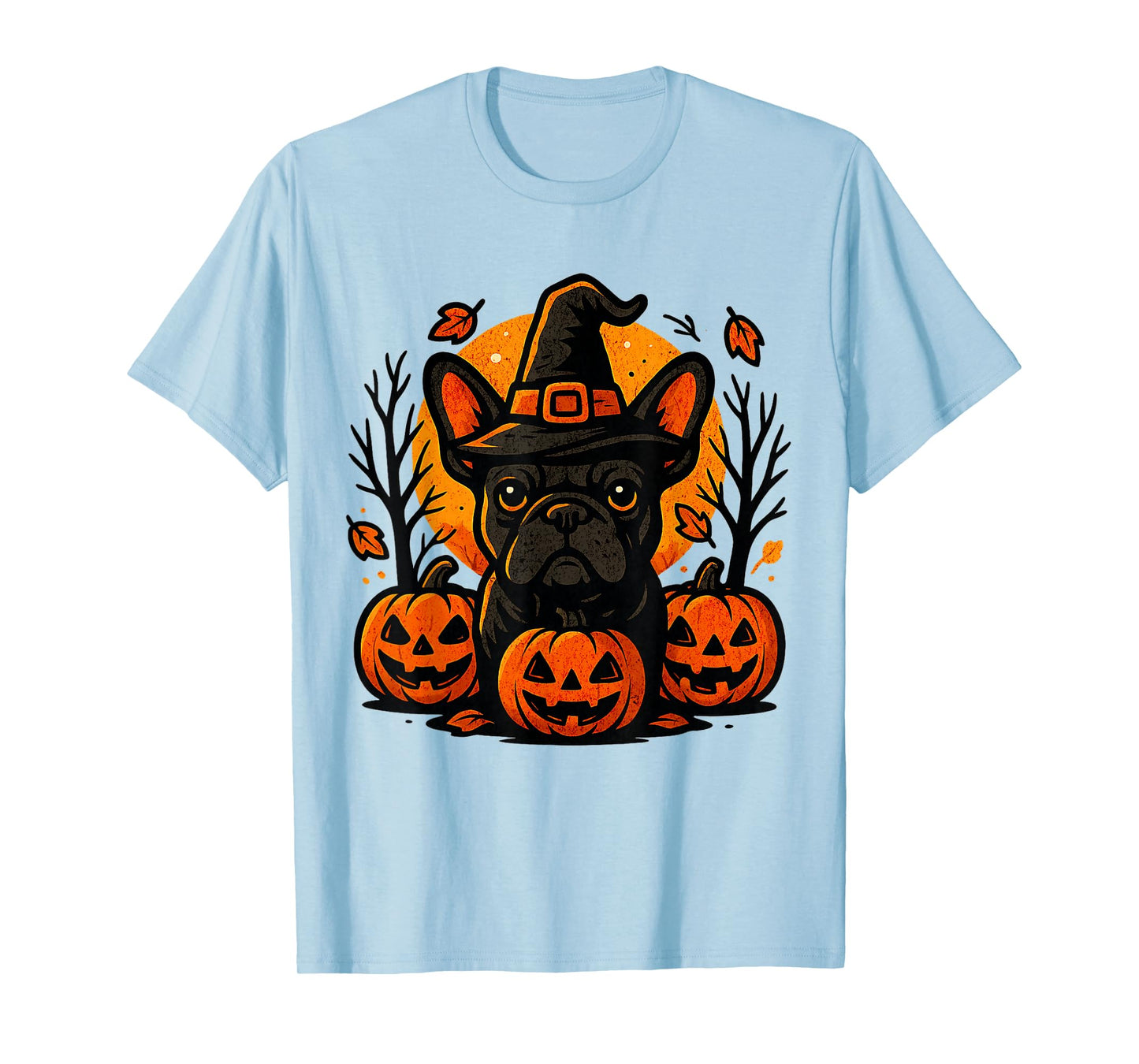 Halloween French Bulldog Witch Hat Pumpkins Autumn Leaves T-Shirt