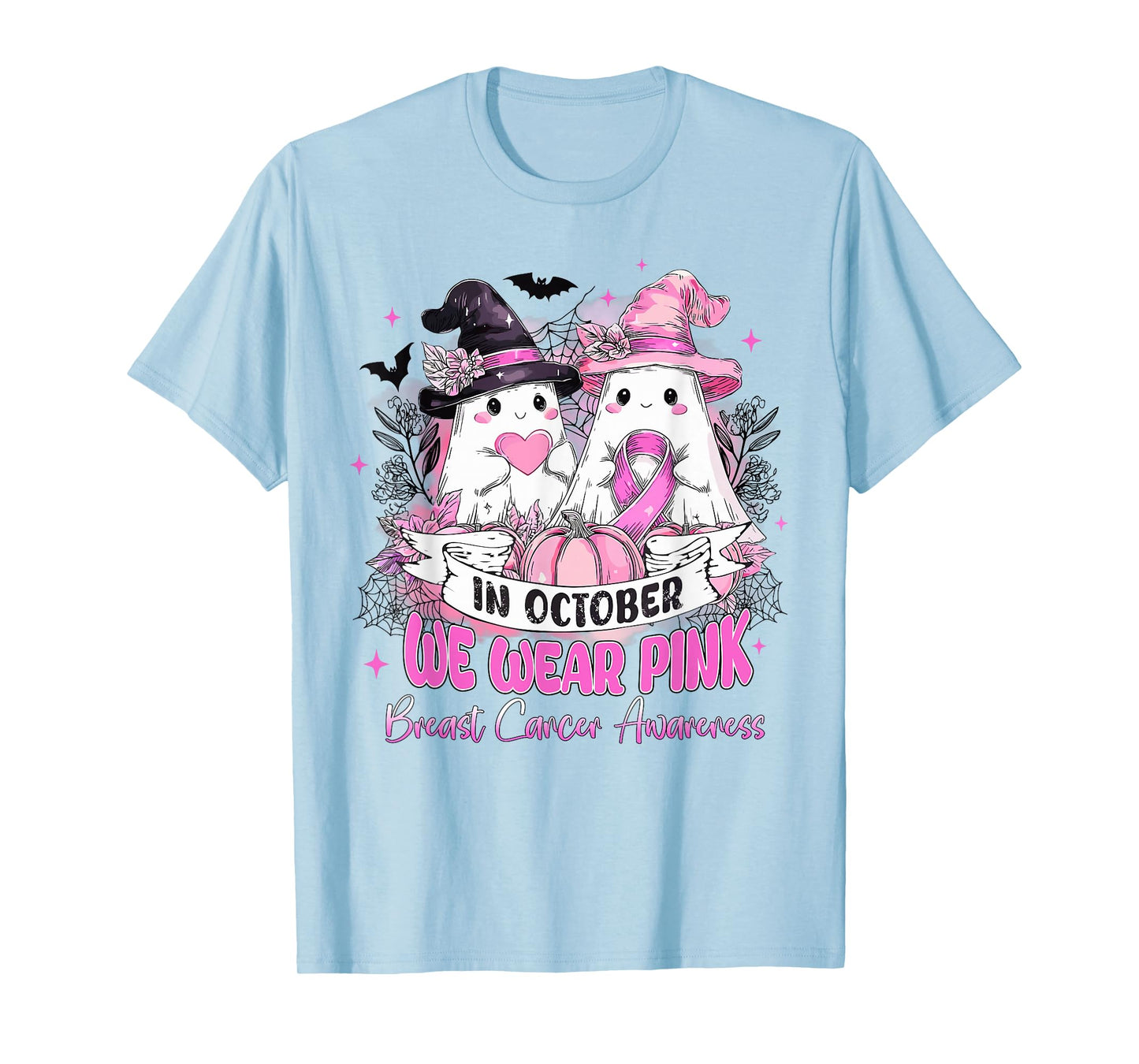 in October We Wear Pink Ghost Witch Breast Cancer Awareness T-Shirt