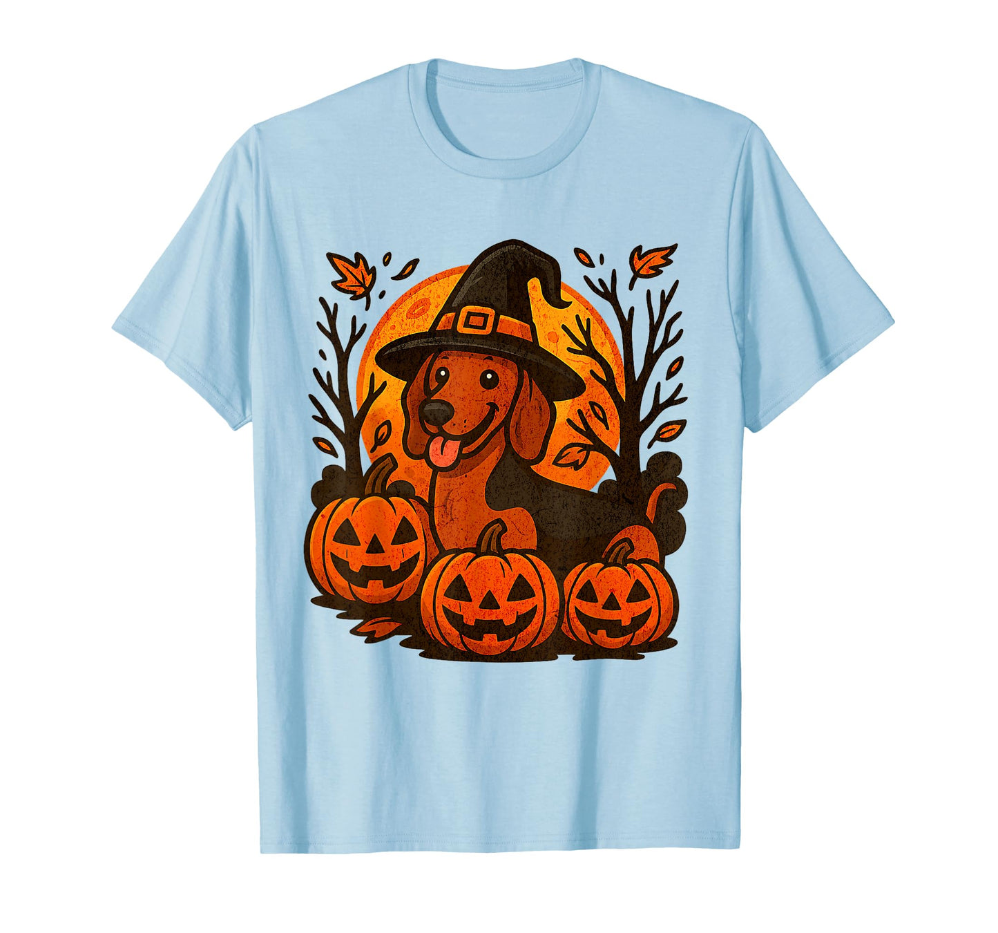 Halloween Dachshund Witch Hat Pumpkins Autumn Leaves T-Shirt