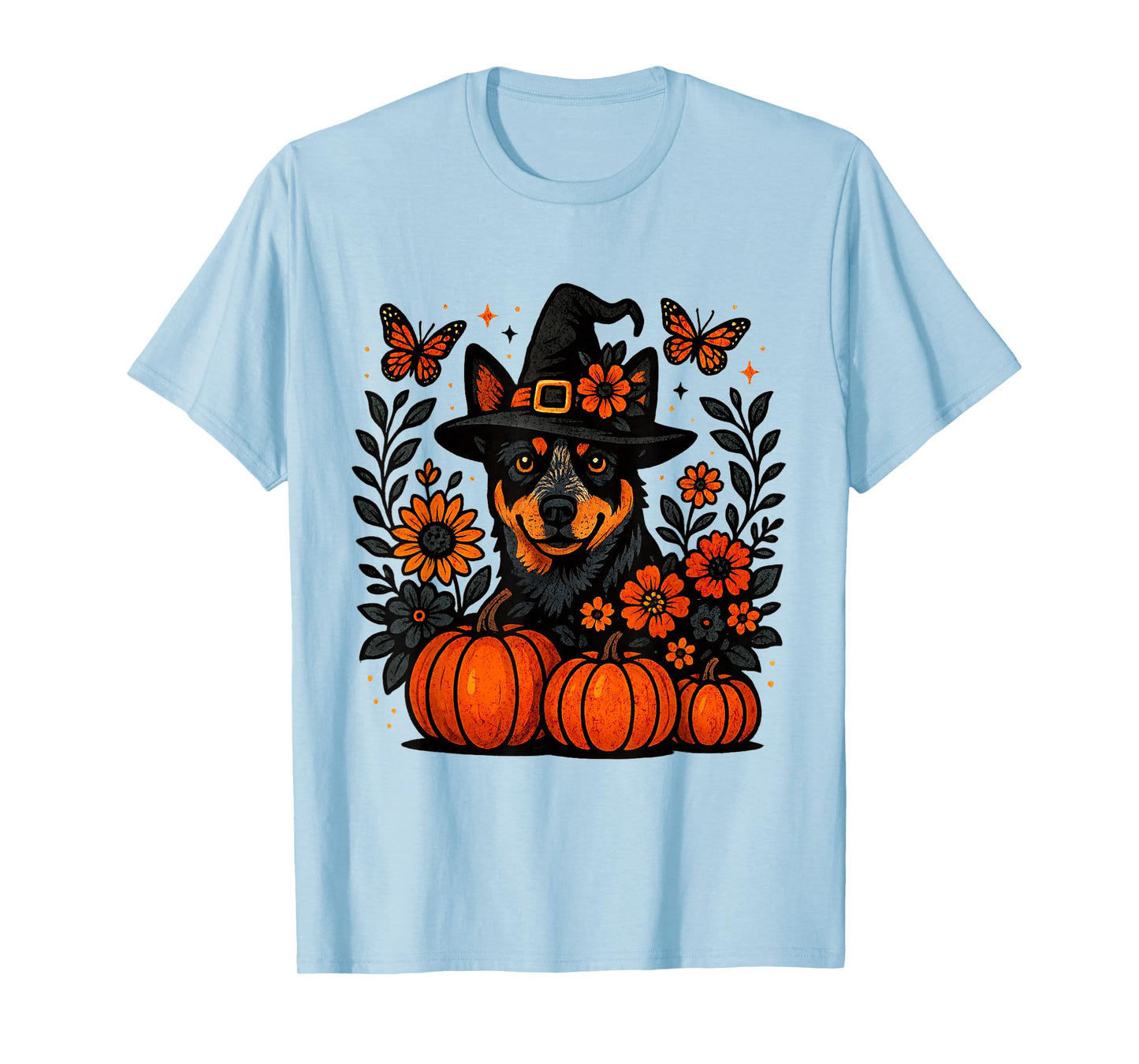 Halloween Blue Heeler Dog Witch Hat Pumpkins Autumn Flowers T-Shirt