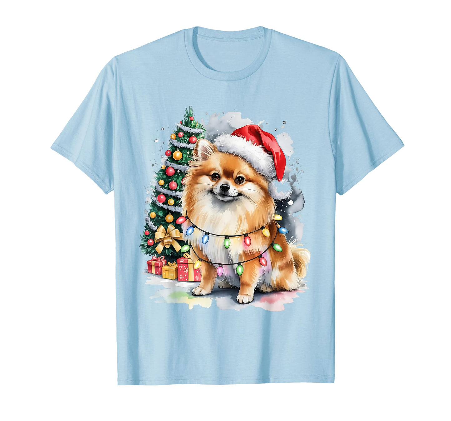 Funny Cute Santa Pomeranian Dog Tangled in Christmas Lights T-Shirt