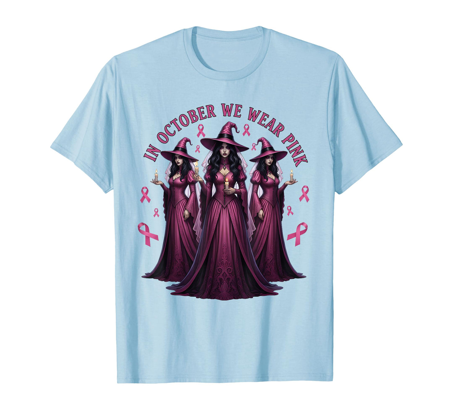 in October We Wear Pink Witch Breast Cancer Awareness Women T-Shirt