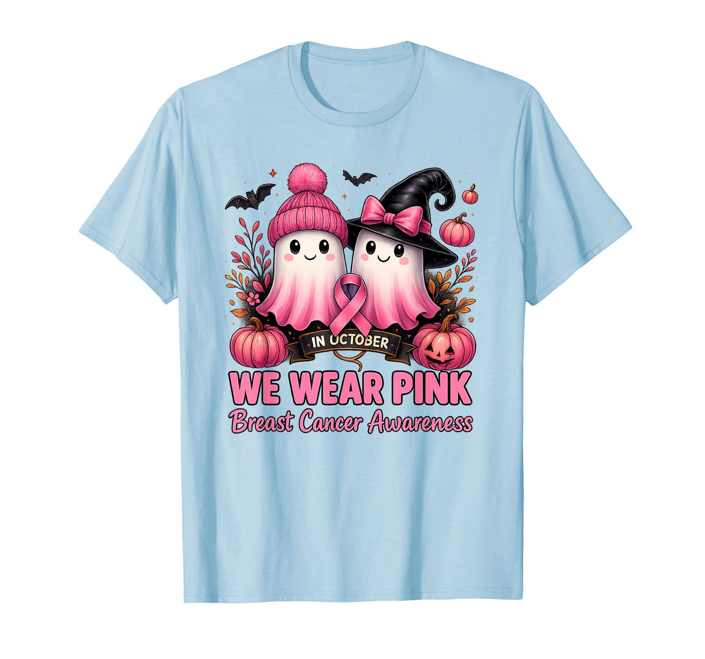 in October We Wear Pink Ghost Witch Breast Cancer Awareness T-Shirt