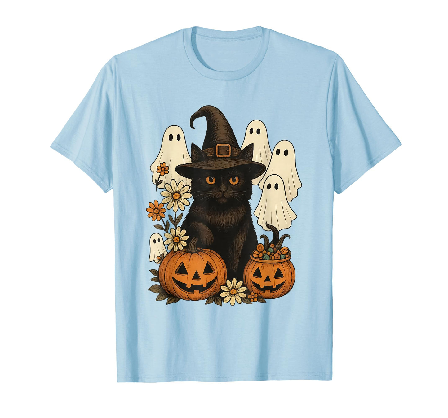 Retro Black Cat Witch Scary Halloween Pumpkin Women Men Kids T-Shirt