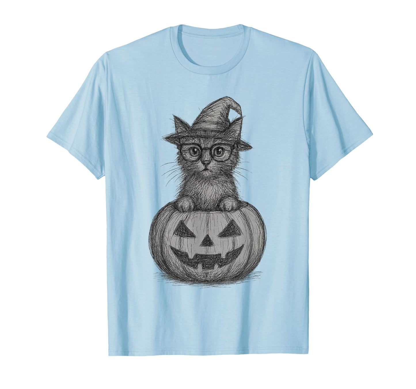 Abstract Scribble Halloween Cat in Pumpkin Witch Hat T-Shirt