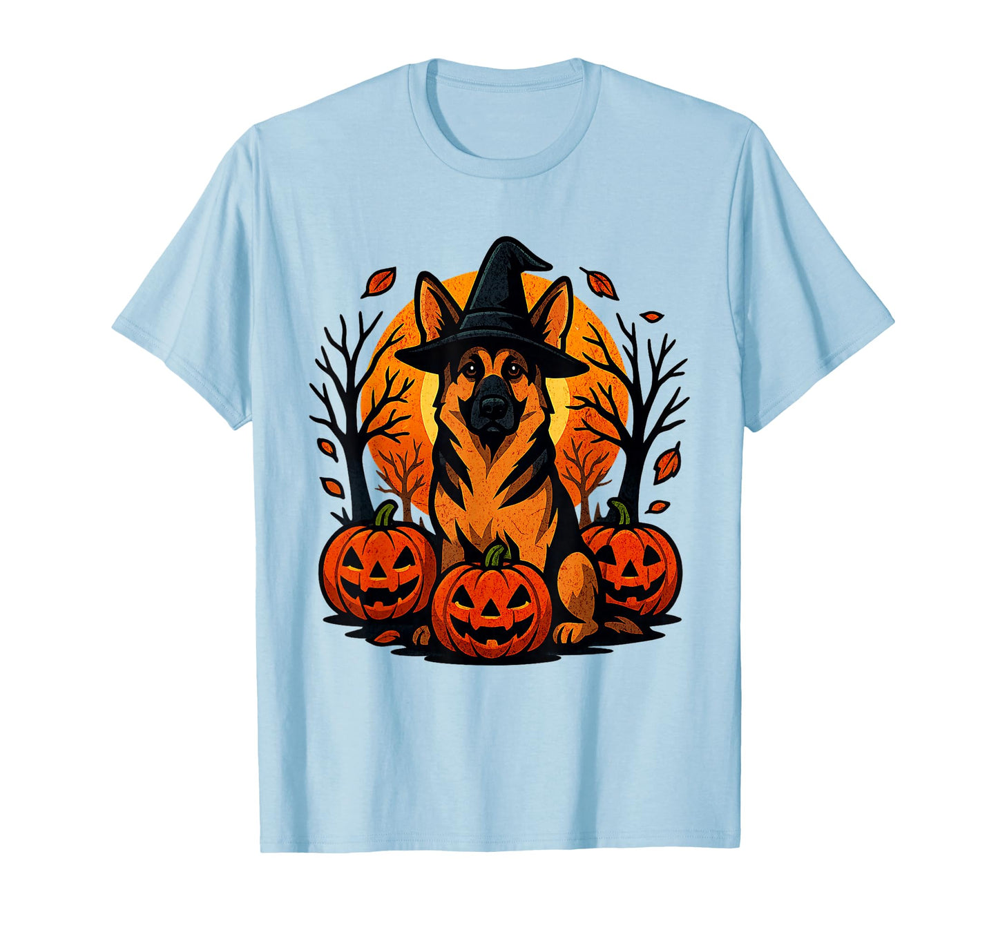 Halloween German Shepherd Witch Hat Pumpkins Autumn Leaves T-Shirt