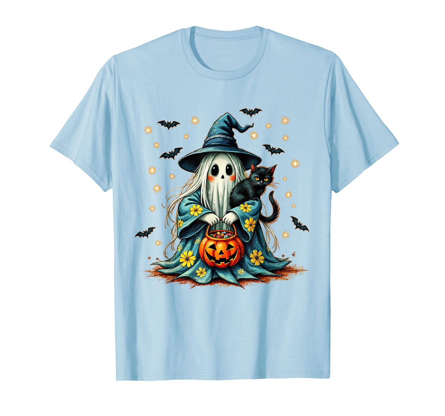 Halloween 2025 Ghost Holding Black Cat Groovy Floral Vintage T-Shirt
