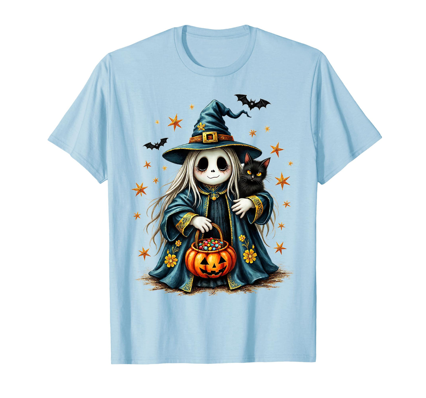 Ghost Holding Black Cat Lover Halloween 2025 Groovy Floral T-Shirt