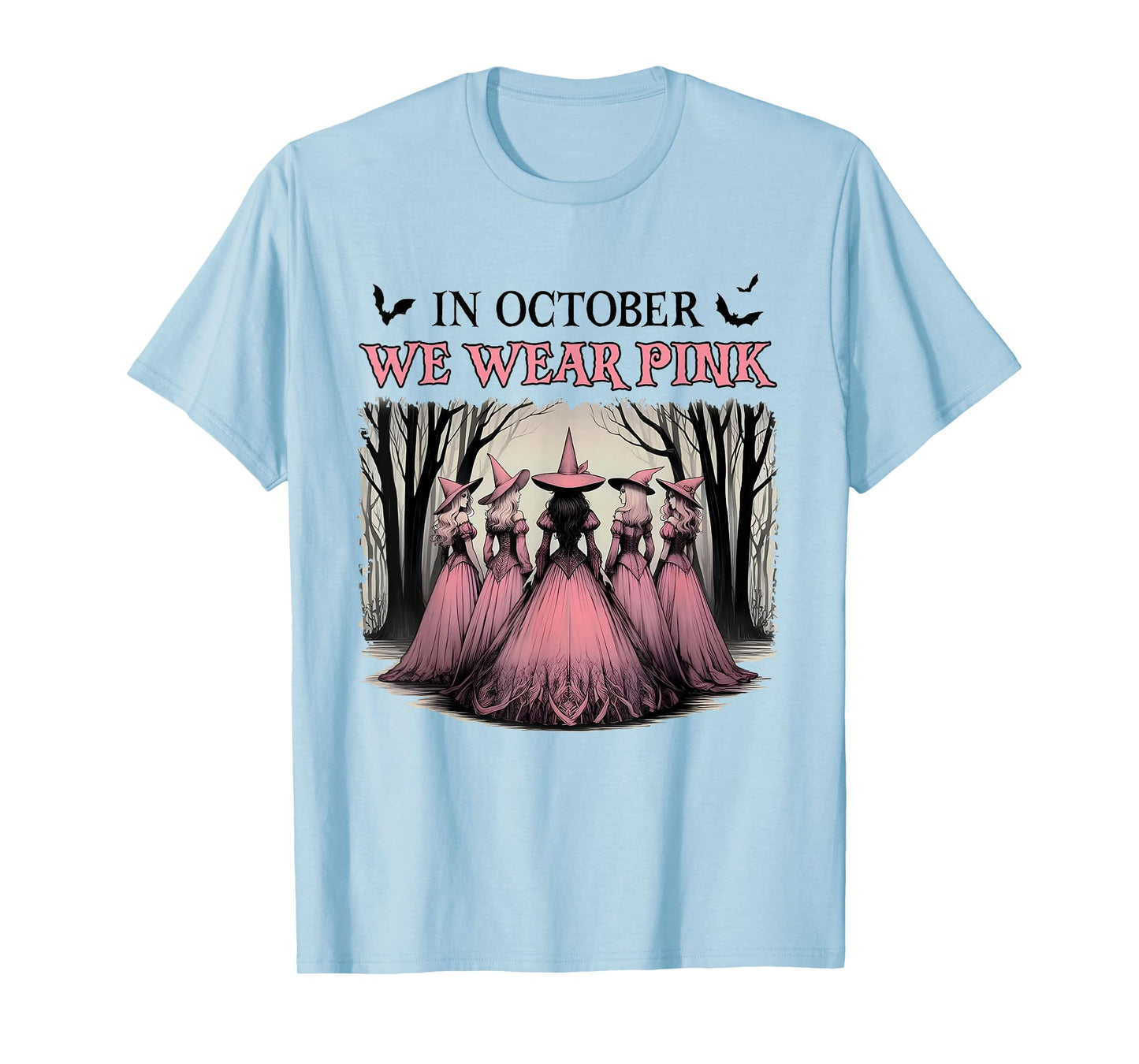 in October We Wear Pink Halloween Salem Witch Breast Cancer T-Shirt