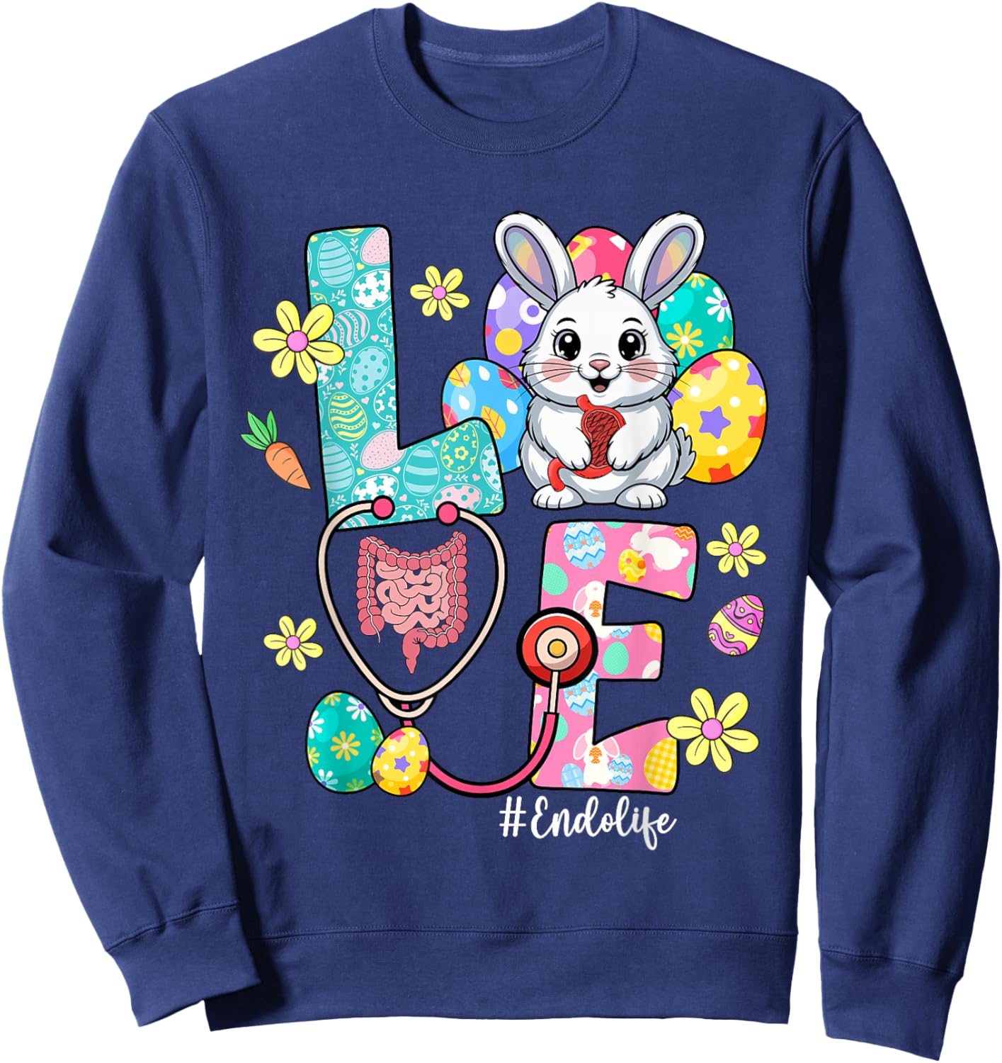 Love Endo Life Endo Nurse Bunny Stethoscope Easter T-Shirt - Sweatshirt | Navy
