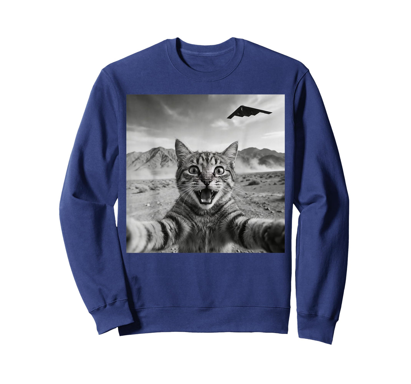 B-2 Bomber Stealth Flyover USA UFO Aircraft Funny Cat Selfie T-Shirt - Sweatshirt | Navy