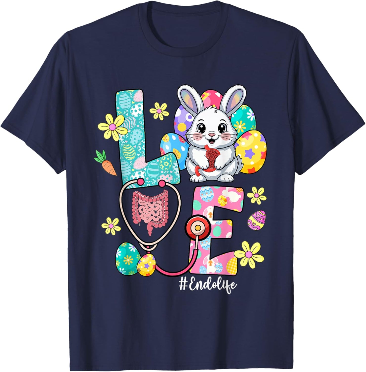 Love Endo Life Endo Nurse Bunny Stethoscope Easter T-Shirt - T-Shirt | Navy
