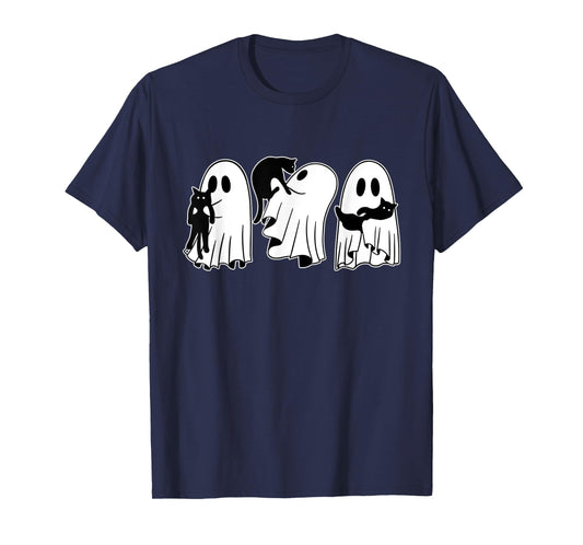Ghost Holding Black Cat Funny Halloween Cat Lovers Women Tee T-Shirt