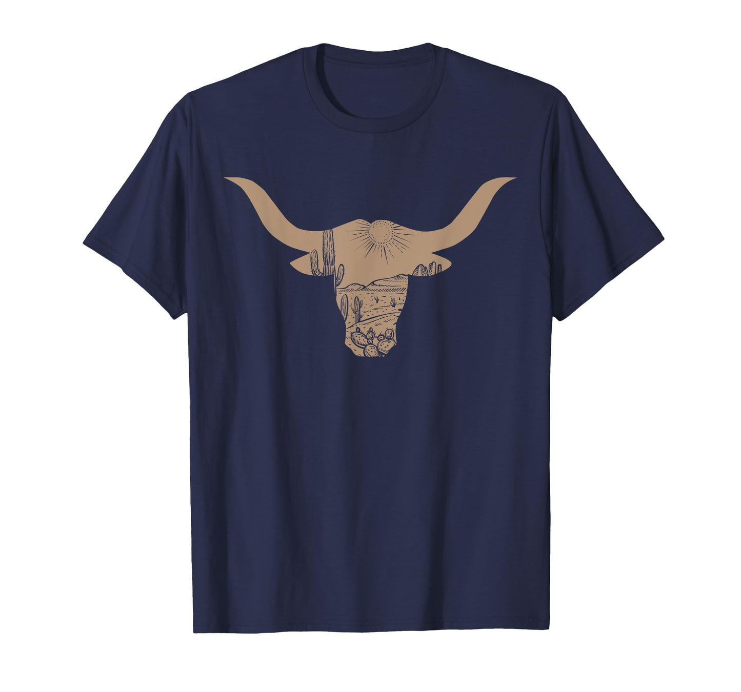 Vintage Western Rodeo Longhorn Cow Skull Desert Background T-Shirt