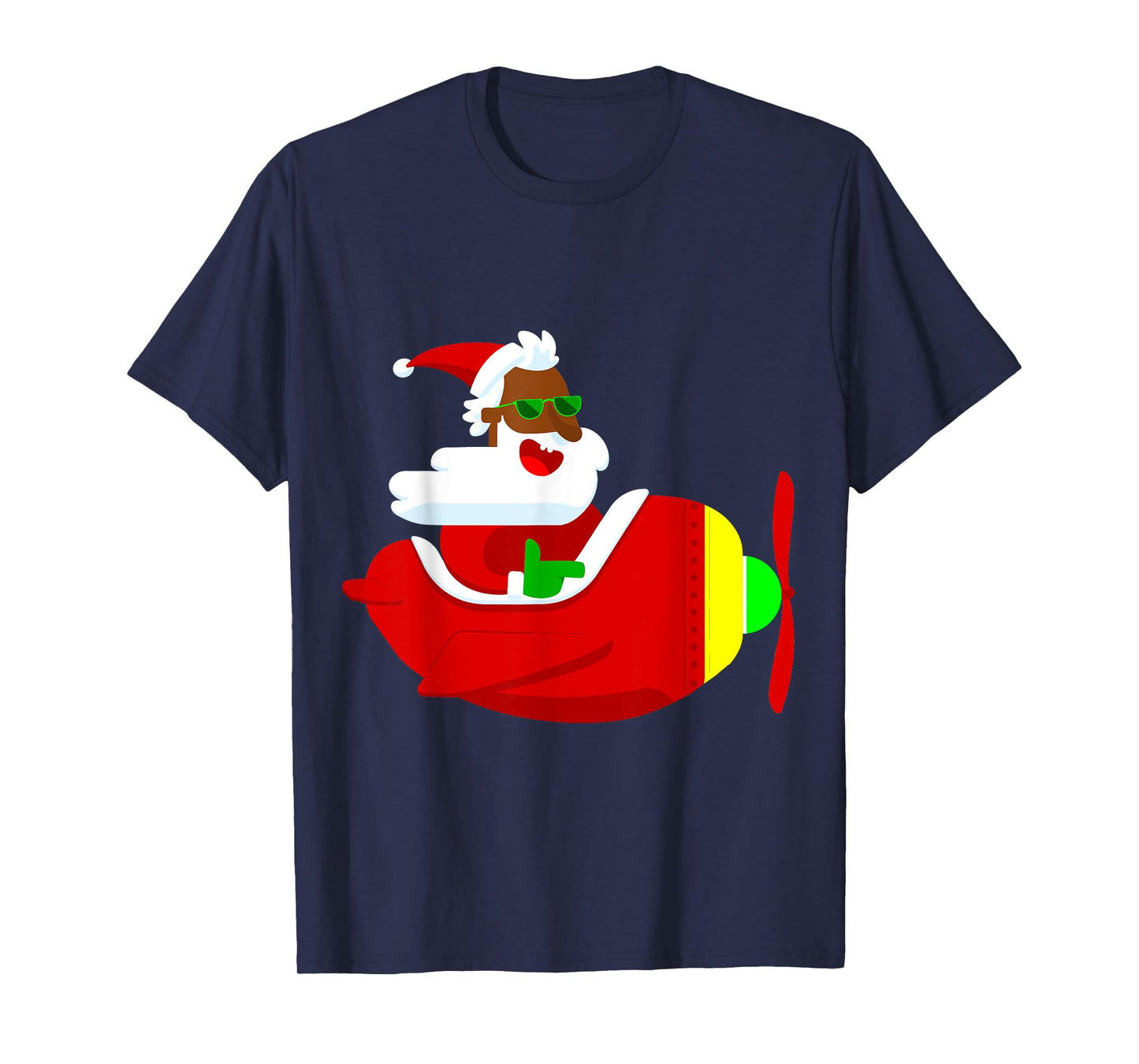 Christmas Aviator Airplane Pilot African Santa Funny Black T-Shirt