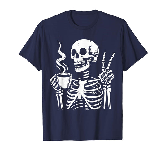 Skeleton Drinking Coffee Gothic Peace Sign Halloween Hippie T-Shirt