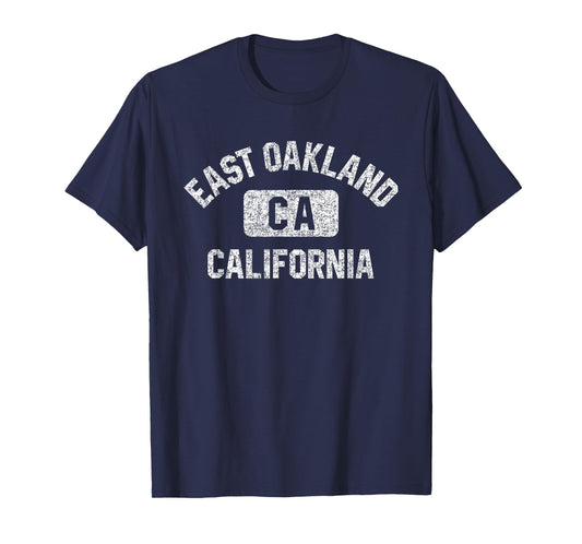 East Oakland California Gym Style Distressed White Print T-Shirt