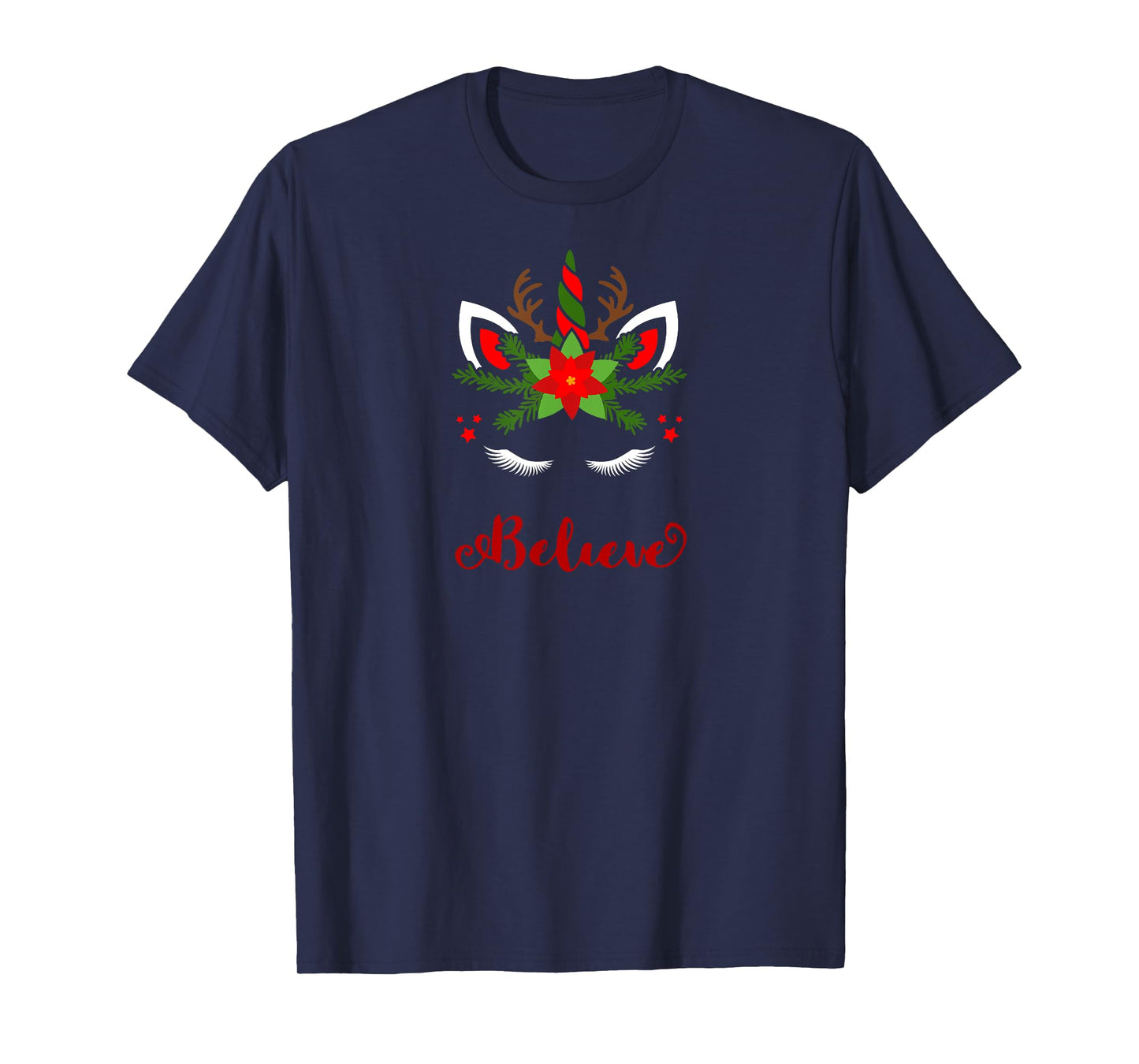 Believe Unicorn Reindeer Face Cute Christmas Santa Deer T-Shirt