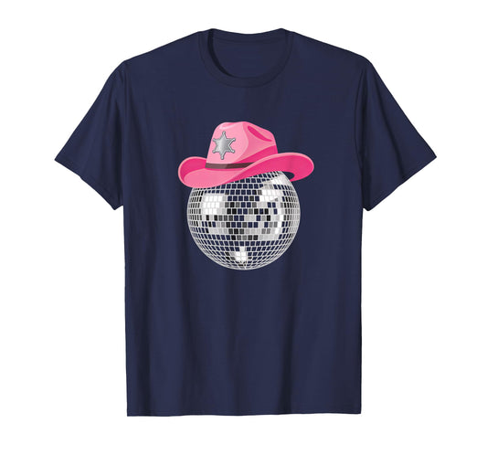 disco ball vintage pink cowboy hat discoball party woman T-Shirt