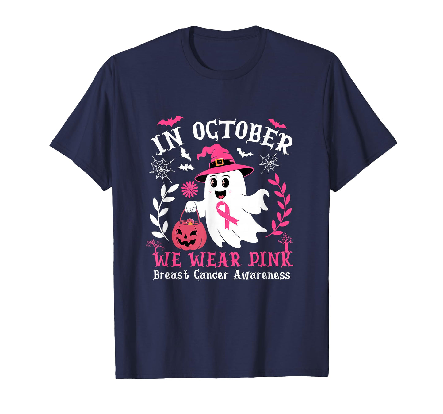 in October We Wear Pink Halloween Witch Ghost Pumpkin T-Shirt