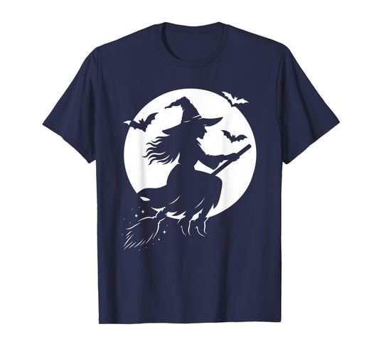 Halloween Witch on Broom Moon Silhouette Spooky Samhain Art T-Shirt
