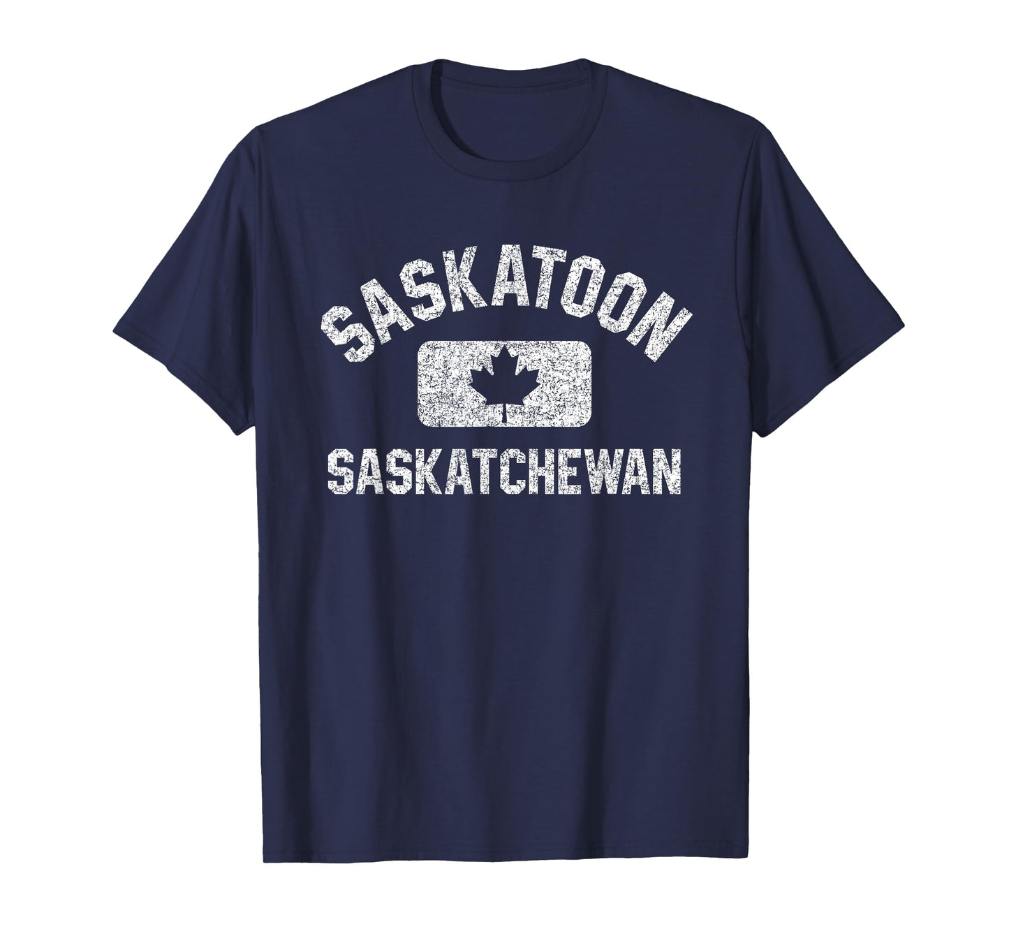 Saskatoon Gym Style Canada Leaf Red w Distressed White Print T-Shirt
