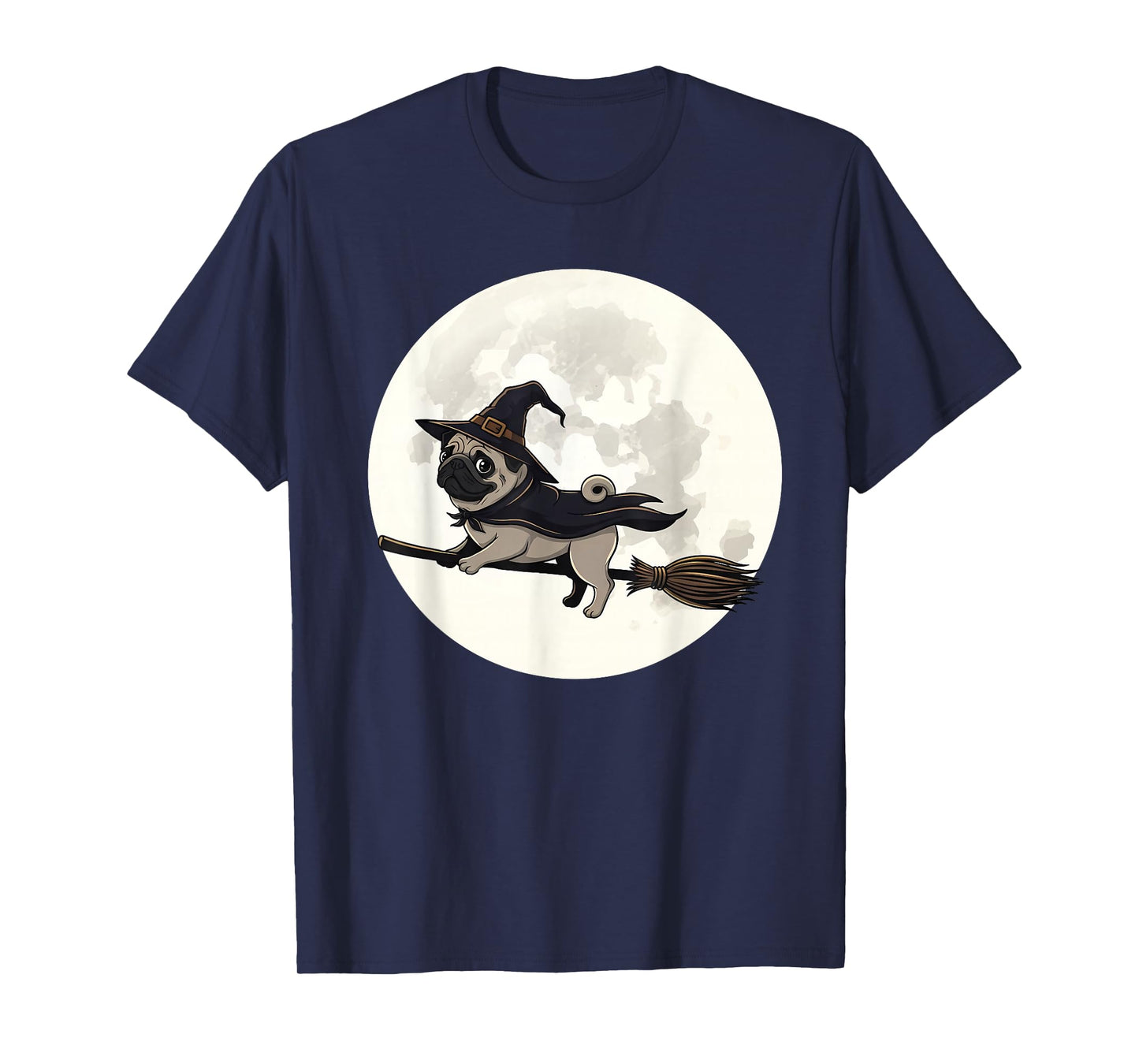Funny Halloween Witch Pug Dog Flying on Broomstick Full Moon T-Shirt