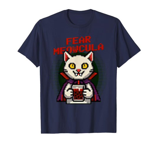 Fear Meowcula Funny Pixel Art Vampire Cat Halloween T-Shirt