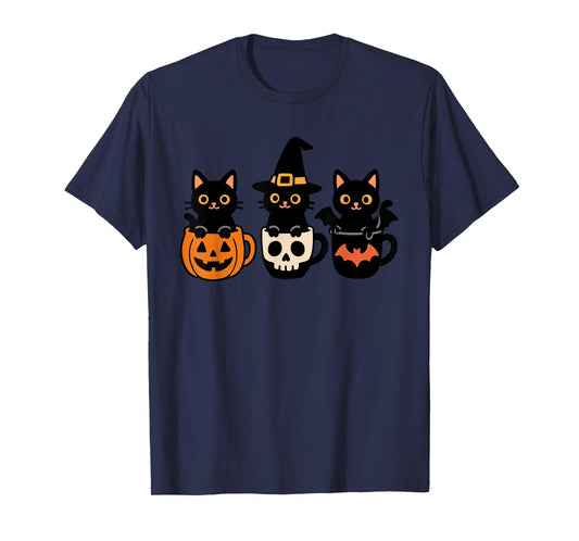 Halloween Cats in Mugs with Pumpkin Skull and Bat Cute Cat T-Shirt