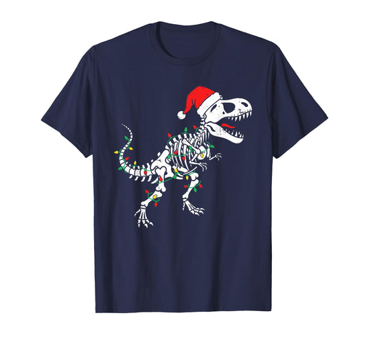Dinosaur Skeleton Lights Santa Hat Funny Christmas Boys Kids T-Shirt