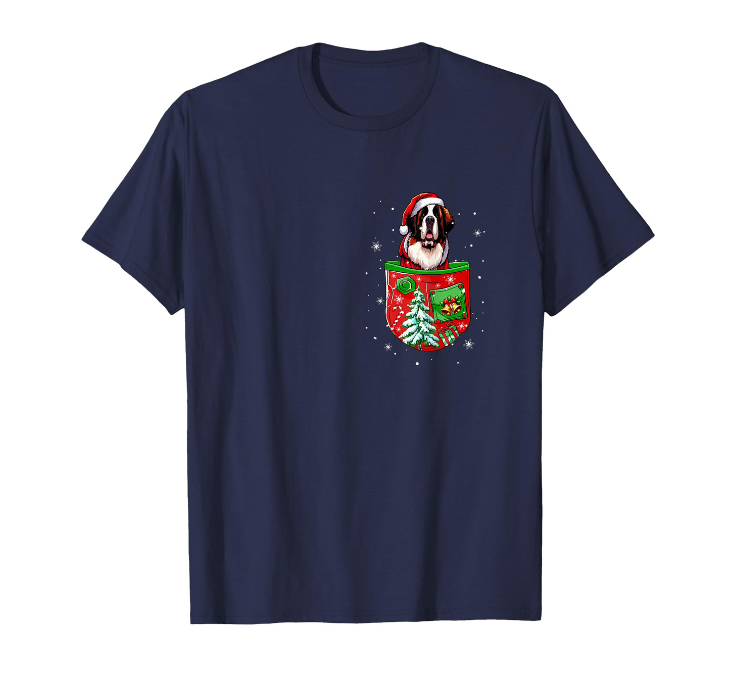 Santa St. Bernard in Pocket Owner Christmas Tree Bells T-Shirt