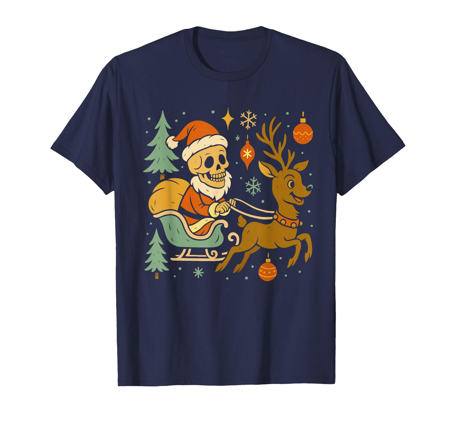 Funny Skeleton Santa Merry Christmas Sleigh Reindeer Xmas T-Shirt