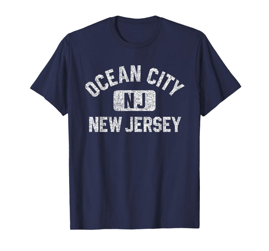 Ocean City New Jersey Gym Style Distressed White Print T-Shirt