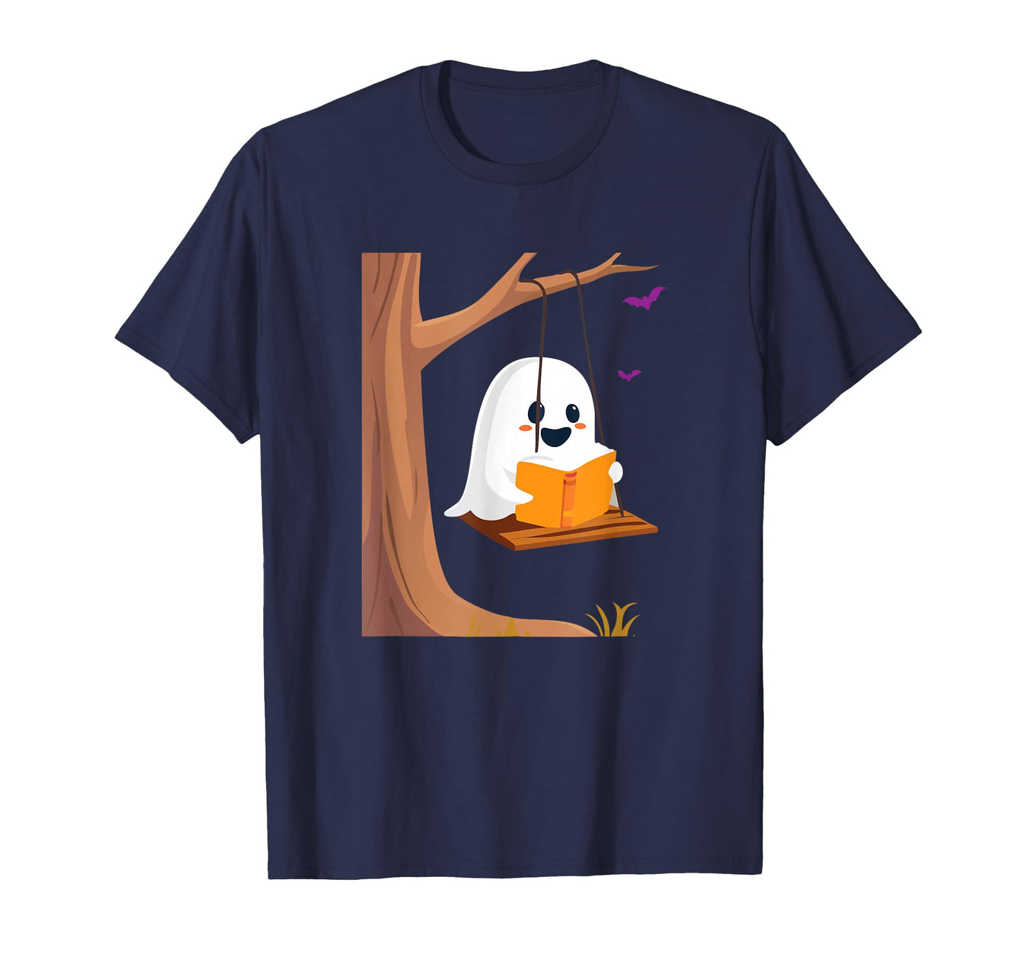 Kawaii Halloween Ghost Swinging Reading Book Bookish T-Shirt